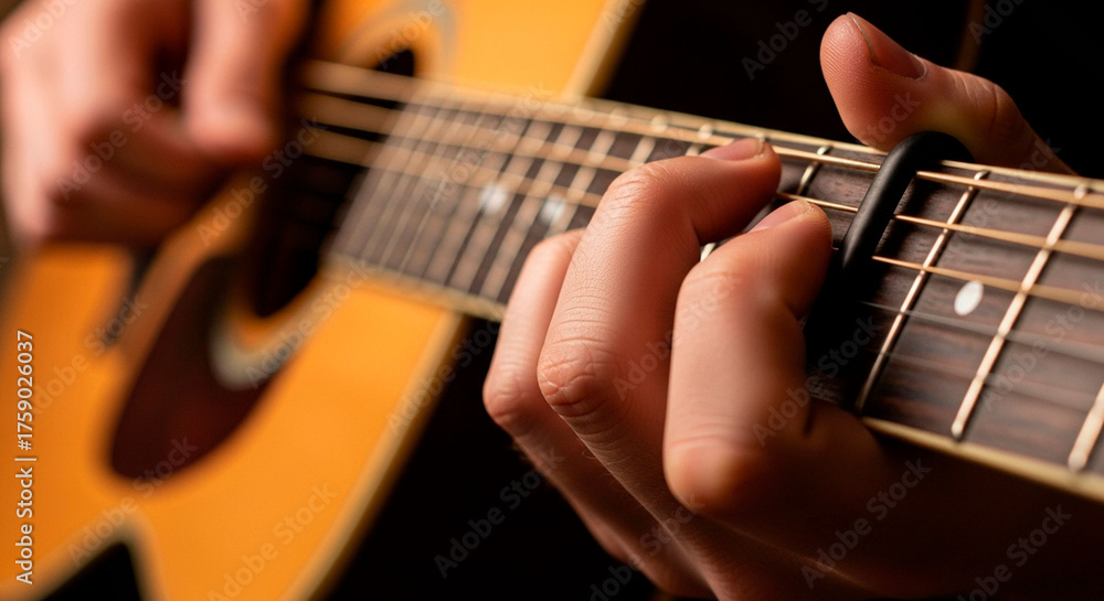 Fototapeta premium Close-uClose-up of Fingers Strumming a Guitarp of Fingers Strumming a Guitar
