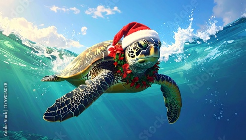 Festive green sea turtle swimming in a clear wave of water wearing a red flower lei and a red and white Santa hat.