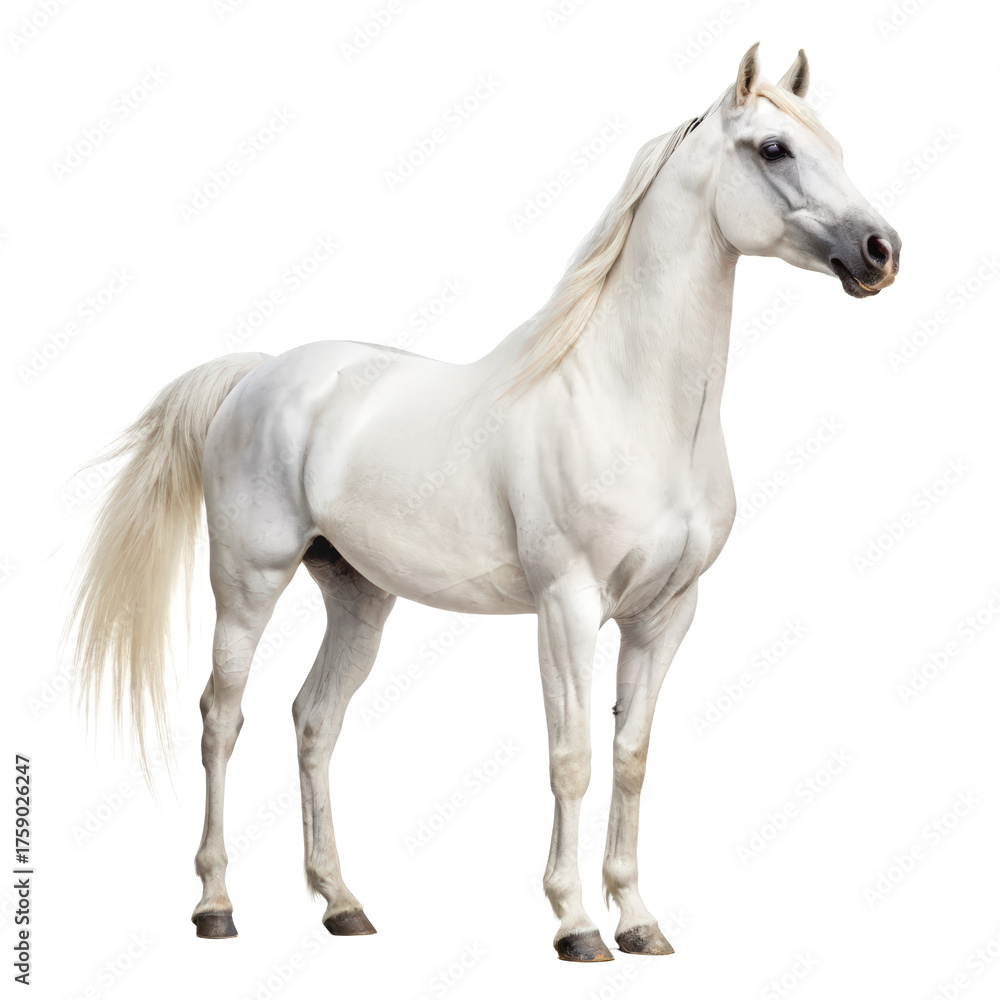Obraz premium White arabian horse front side view png arabian stallion png graceful horse png horse profile png equestrian breed png noble steed png transparent background image