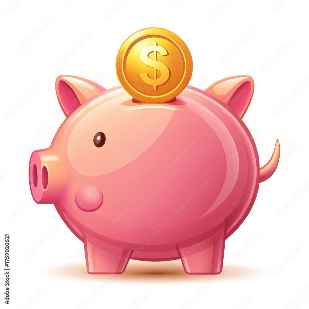 Obraz premium Glossy pink piggy bank with happy face on white background.