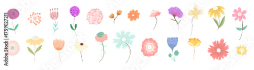 Cute hand drawn colorful vector dots halftone texture flowers and blossoms, noisy textured plants with dotwork pattern for retro botanical design, floral silhouette sticker