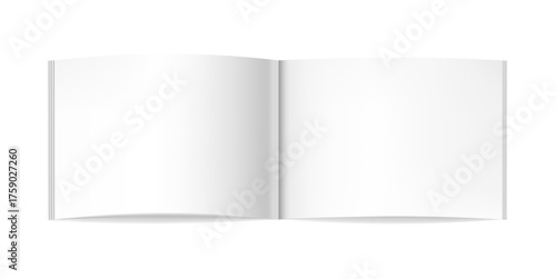 Vector realistic two-pages open book, journal or magazine mockup. Blank opened center page spread of sketchbook or notebook 3d template for catalog, brochure design, clear white mock up