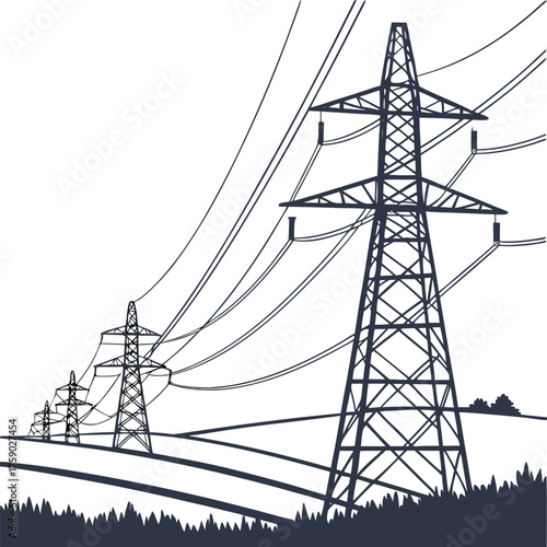 High voltage power lines and transmission towers in forest, energy infrastructure, electric pylons, silhouette landscape, black and white illustration