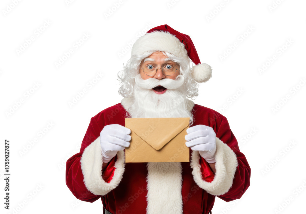 Naklejka premium Surprised Santa Claus holding an envelope isolated PNG, festive holiday figure with letter on transparent background for Christmas designs