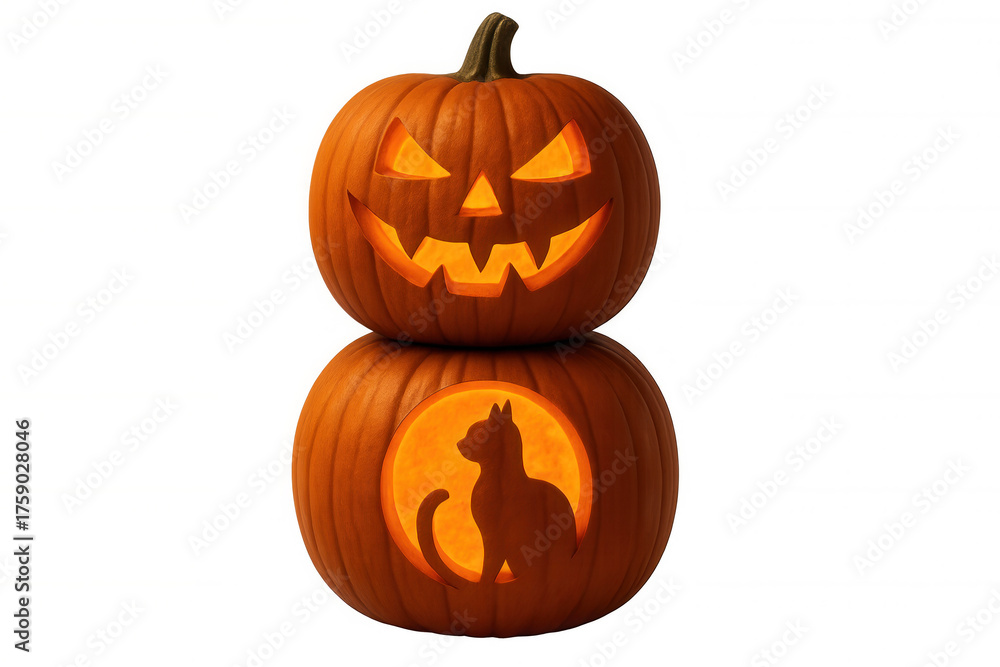 Fototapeta premium Stacked jack-o'-lanterns illuminated by glowing light, one carved with a spooky face, one with a black cat silhouette
