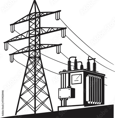 High voltage power transmission towers, electric pylons in forest landscape, energy distribution line vector, black silhouette, utility infrastructure vector illustration 