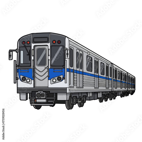 Modern urban commuter train illustration with a clean, sleek design and blue stripe accents, representing efficient public transportation