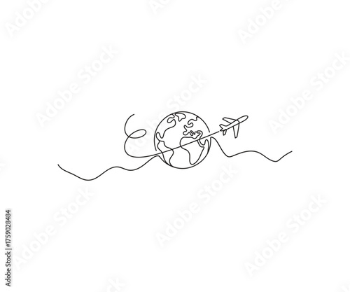 Global Journey: A minimalist, continuous line art illustration depicts an airplane embarking on a journey around the globe, symbolizing travel, exploration, and the interconnectedness of the world.