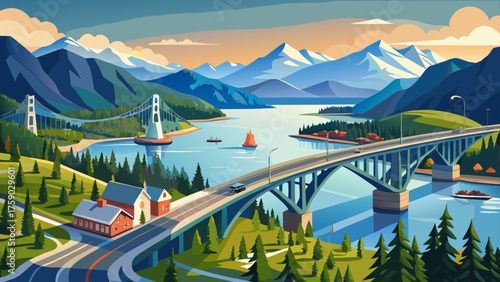 Very beautiful aerial view of the Douglas Bridge spanning the Gastineau Channel, connecting the historic city center of Juneau with Douglas Island in Alaska, USA, surrounded by majestic mountains and 