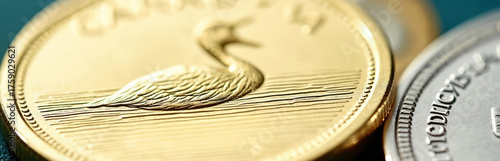 Close-up of Canadian dollar coin with loonie on it. Fragment of textured coin. Canadian currency. Coins and money of Canada. Economics or banking theme.