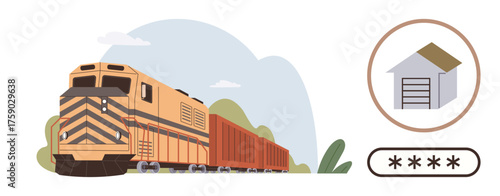 Freight train moving on railway tracks, storage unit icon with roof detail, secure passcode concept. Ideal for logistics, transportation, inventory, goods delivery, security, storage supply chain