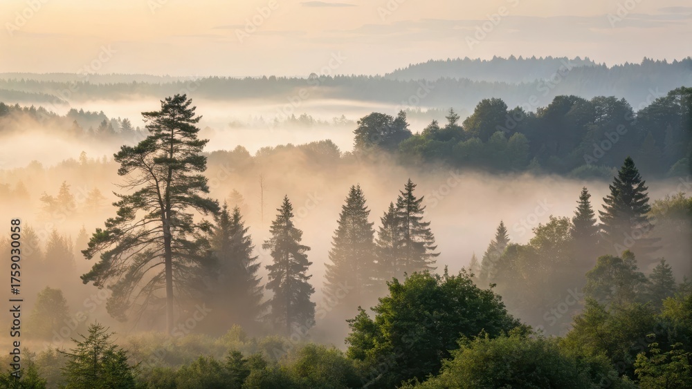 Fototapeta premium Mist filled forest landscape in early morning sunlight