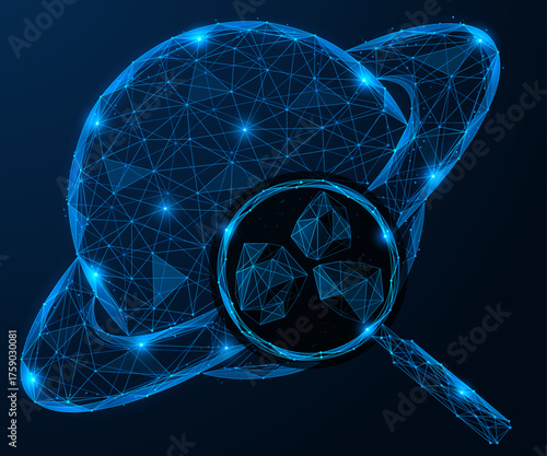 Analysis of the planet Saturn. A magnifying glass that examines the debris on the planet's ring. The concept of scientific space exploration.