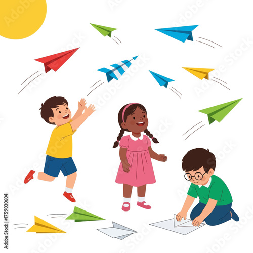Children launching paper airplanes and enjoying outdoor activities