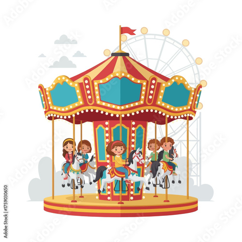 Children enjoying a vibrant carousel ride at a funfair with a Ferris wheel in the background