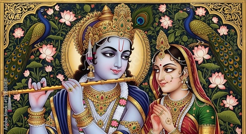 Ornate Depiction of Lord Krishna and Radha with Lotus and Peacock