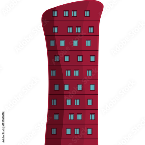 A Tall Maroon Abstract Skyscraper With Rows Of Light Blue Windows And A Distinct Shadow On A White Background