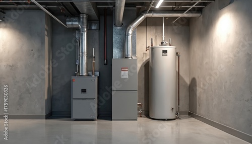 Basement utility room features gas furnace and water heater. Ducts and pipes connect system components. Provides central home heat and hot water.