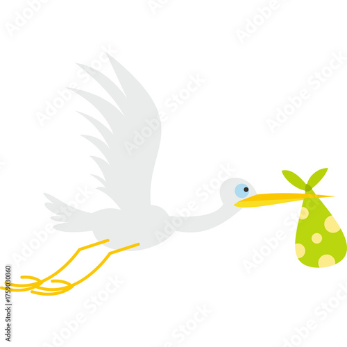 A White Stork Flies With a Green Bundle In Its Beak Across A White Background Carrying A New Baby Home