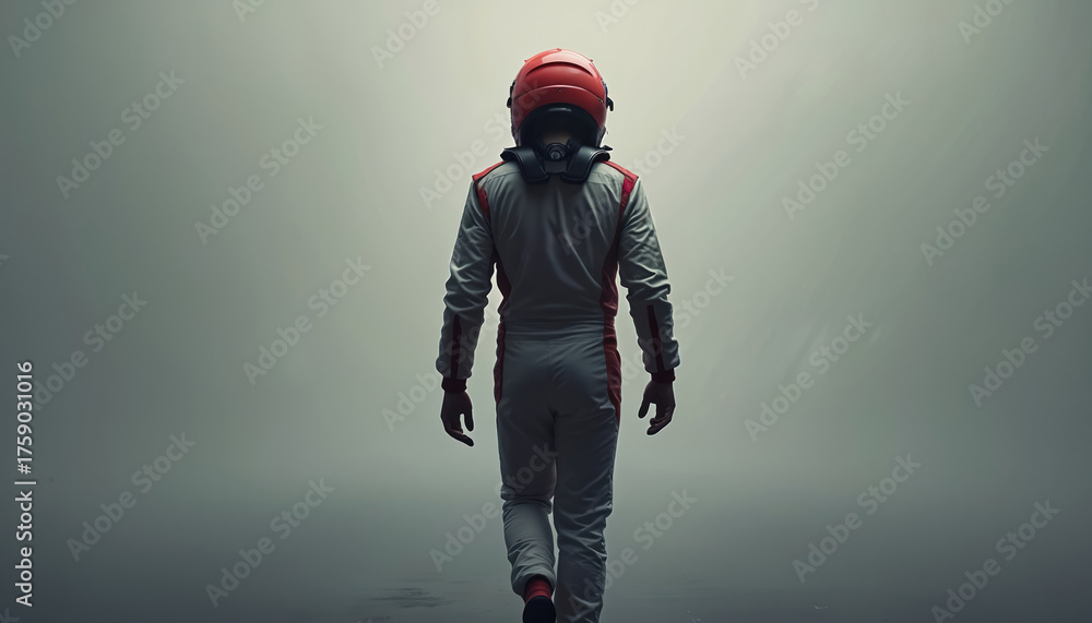 Fototapeta premium racer in red helmet walks away through smoke. Pilot wears white suit with red stripes. Driver prepares for speed race, feels danger, pressure of competition.