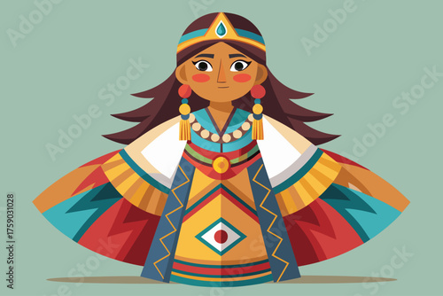 Cherokee woman wearing vector a traditional tear dress, made of colorful fabric with long skirt and historic Native American pattern