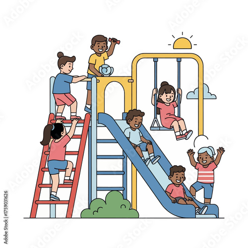 Children enjoying playtime on a vibrant playground slide and swing set on a sunny day
