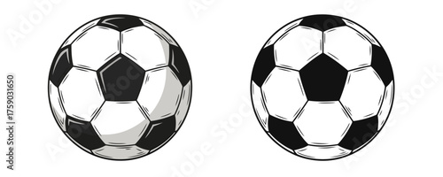 Vector monochrome drawing of two classic soccer balls with hexagonal and pentagonal panels, one with shading and the other in flat black and white outline style