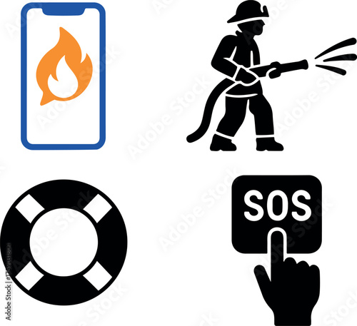 Vector icons depicting a phone with fire, firefighter, life preserver, and sos button pressed