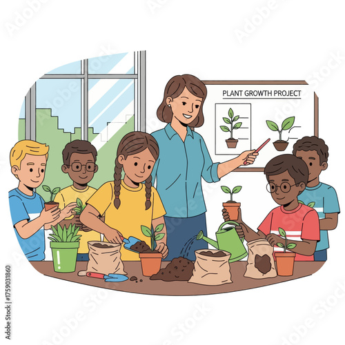 Children actively participating in a plant growth project with their teacher in a classroom setting