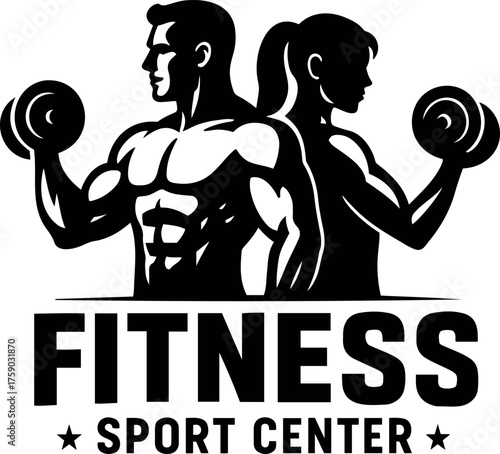 Vector illustration of a muscular man and woman lifting dumbbells at a fitness sport center