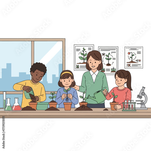 Children learning about plant growth and science in a classroom setting with a teacher guiding them through an experiment