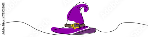 Witch's hat in one line art style. Drawing of a Halloween hat with a buckle, with editable black stroke and color on white background. Vector illustration.