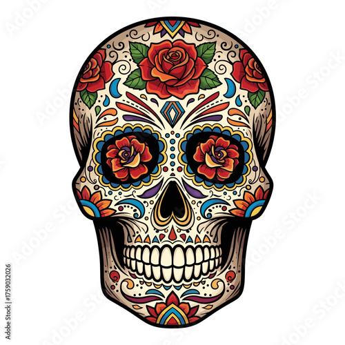 Vibrant Day of the Dead Sugar Skull Illustration with Floral Patterns and Roses - Traditional Calavera Art