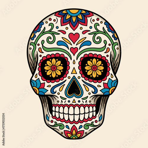 Vibrant Sugar Skull Illustration for Day of the Dead Celebration. Traditional Mexican Calavera Art with Floral Patterns