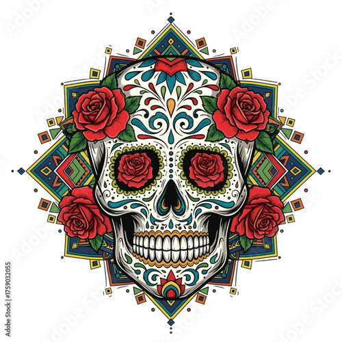 Vibrant Sugar Skull with Red Roses and Intricate Mexican Folk Art Pattern for Dia de los Muertos