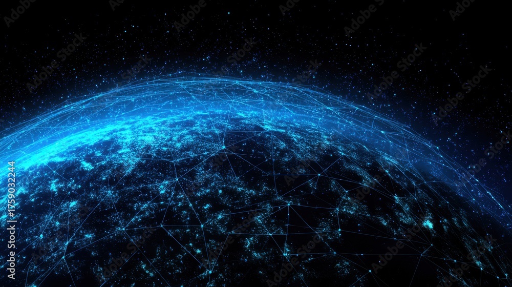 Obraz premium Futuristic Global Network Connection Concept with Bright Blue Lights and Geometric Lines Over Earth in a Starry Dark Cosmic Space