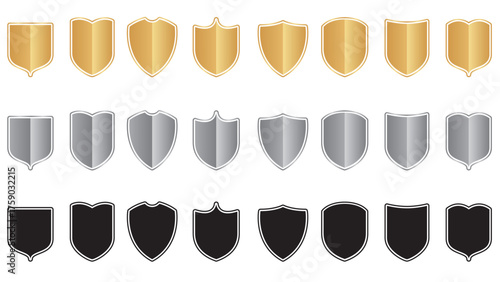 Elegant vector illustration of heraldic shields in gold, silver, and black color