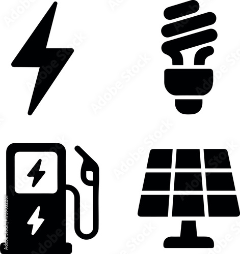 Vector illustration showing energy sources including lightning bolt, lightbulb, gas pump, solar panel