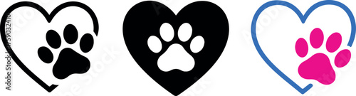 Vector three hearts each containing a paw print in black white and pink on a transparent background