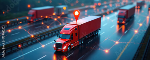 Red truck with container on highway with gps navigation. Truck driving on road with network connections. Logistics transportation with location tracking. Fleet management with route optimization.
