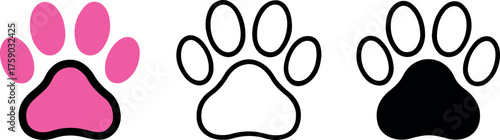 Vector three paw print illustrations in pink, white outline, and solid black on transparent background
