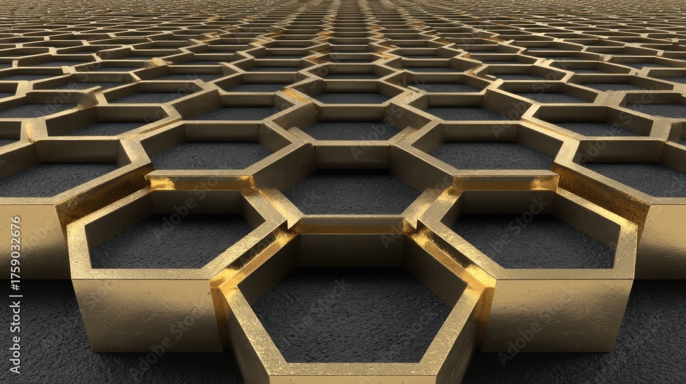 Fototapeta premium Close-up View of Metallic Honeycomb Pattern with Gleaming Golden Finish and Textured Surface for Modern Industrial Design and Creative Background Use