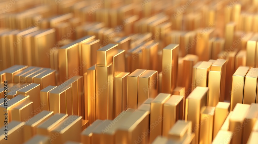 Obraz premium Golden Abstract Cityscape with Tall Structures and Blocks Emulating Urban Landscape, Glimmering in Warm Light and Shimmering Textures