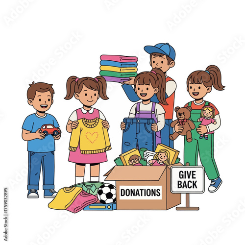 Children's donations for charity, giving back to those in need, kindness and community spirit