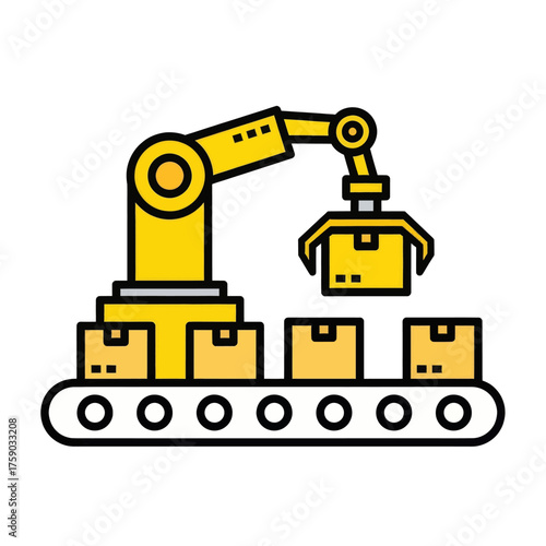 Industrial automation robot arm moving boxes on a conveyor belt in a factory