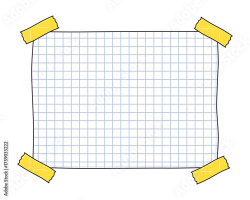 Blank squared graph paper note tacked with yellow adhesive tape strips illustration isolated vector