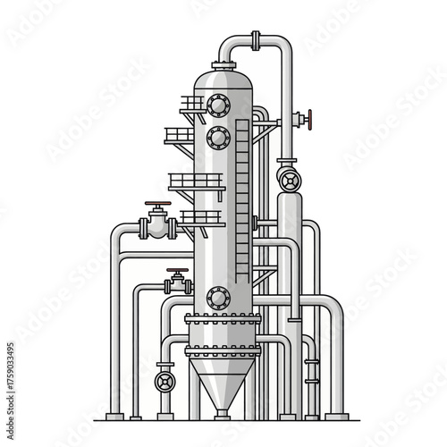 Industrial distillation column for chemical processing and refining operations, intricate pipework and ladder system