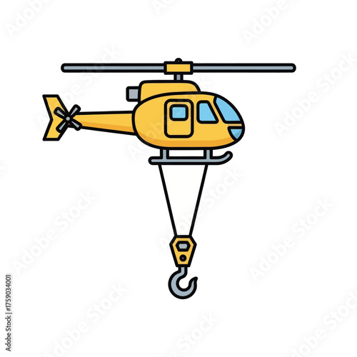 Yellow helicopter with a hook and winch for lifting and transport in an aerial view