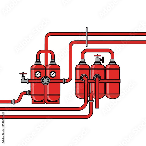 Industrial pipeline system with pressure regulators and tanks, designed for efficient fluid management in manufacturing processes