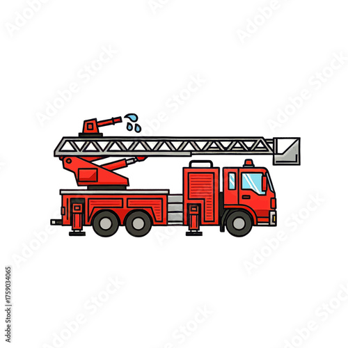 A red fire truck with a ladder and water spraying from the nozzle, designed as a vector graphic illustration